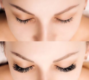 Eyelash Extension. Comparison of female eyes before and after.